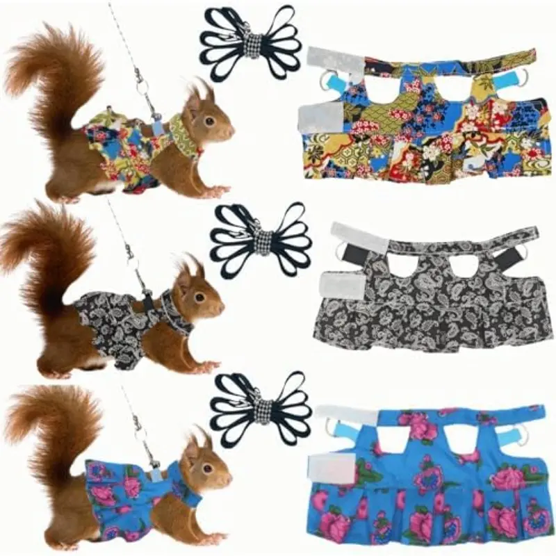 3 Sets Squirrel Leash And Harness Set, Traction Rope Strap, Ferret Harness Vest, Adjustable Flora Small Animal Harness Vest for Ferret, Dwarf Chinchilla, Guinea Pig, Fancy Rat