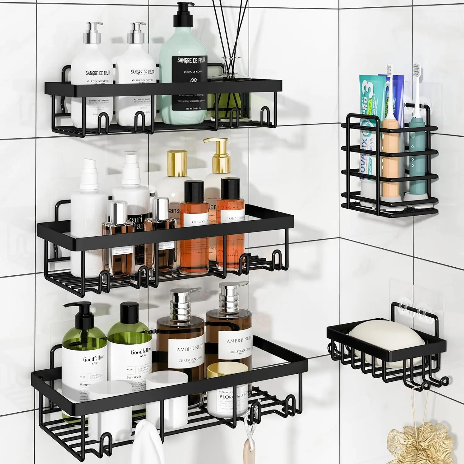 5 Pack Shower Caddy for Inside Shower, Black Bathroom Storage Decor |   Large Rustproof Stainless Steel Organizer with Strong Adhesive, No Drilling Wall Mounted Shelves, Bathroom Accessory Set