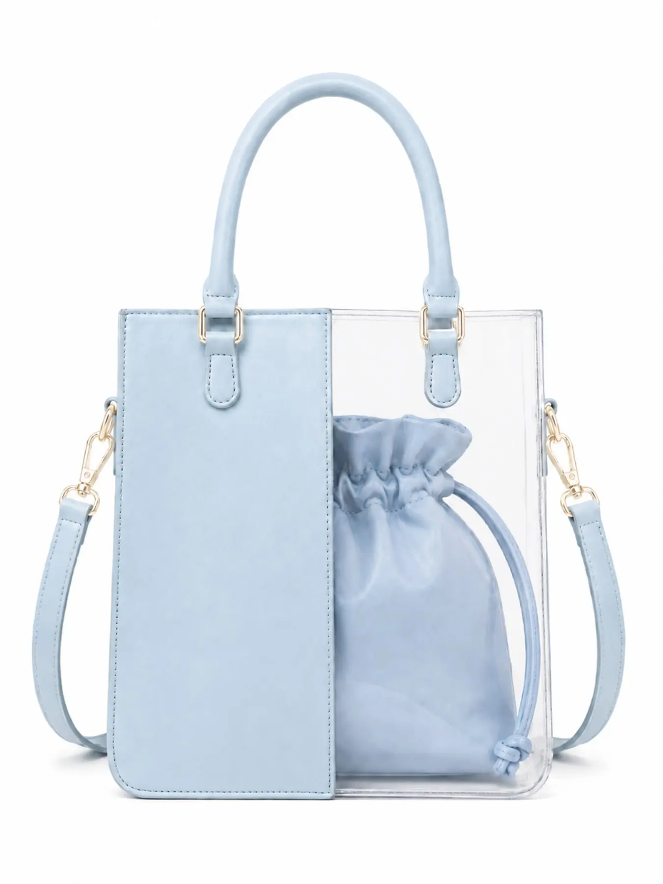 2 Piece PVC Tote Bag with Drawstring Pouch, Detachable Shoulder Strap Top Handle Crossbody Handbag for Women, Daily Essentials Purse for Travel and Shopping, Crossbody Bags