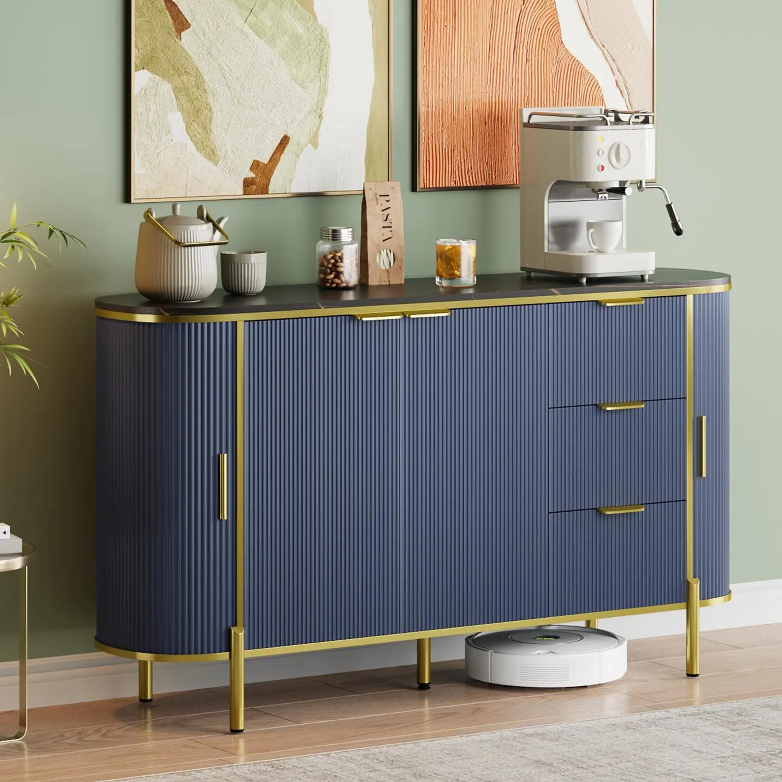 Garvee Modern Modern 60-Inch Ribbed Sideboard Buffet Cabinet, Oval Buffet Table with Curved Profile Sliding Doors, 3 Drawers and Adjustable Shelves, Synthetic Marble Top Coffee Bar