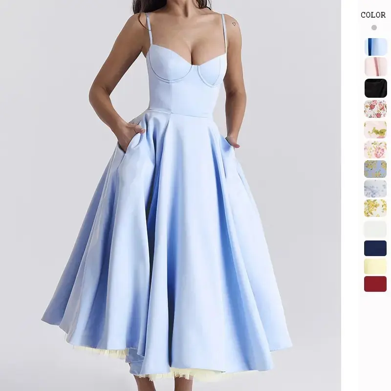 2025 New Summer European and American High-End Princess Dress French Style Mesh Large Hem Double Layer Strap Dress for Women