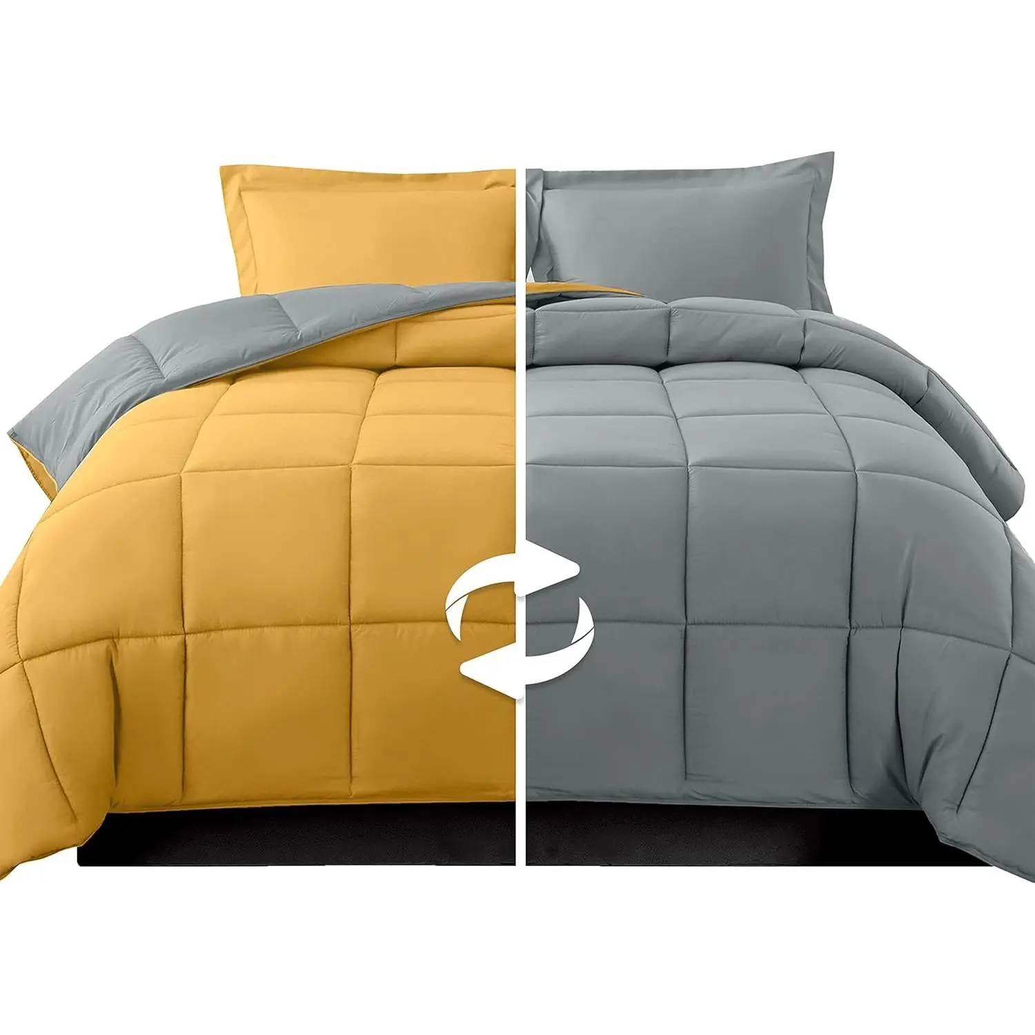 Elegant 3-Piece Reversible Comforter Set, All Season Cozy, Soft Down Alternative, Quilted - Box Stitched - Duvet Insert with 4 Corner Tabs, Comforter with Shams, Twin, Yellow/Gray