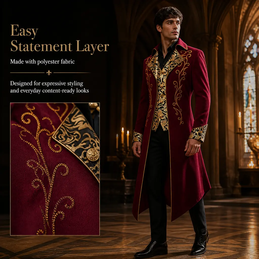 Men Burgundy Victorian Tailcoat with Gold Embroidery, Renaissance Noble Long Coat, Medieval Royal Prince Cosplay Jacket Red Carnival