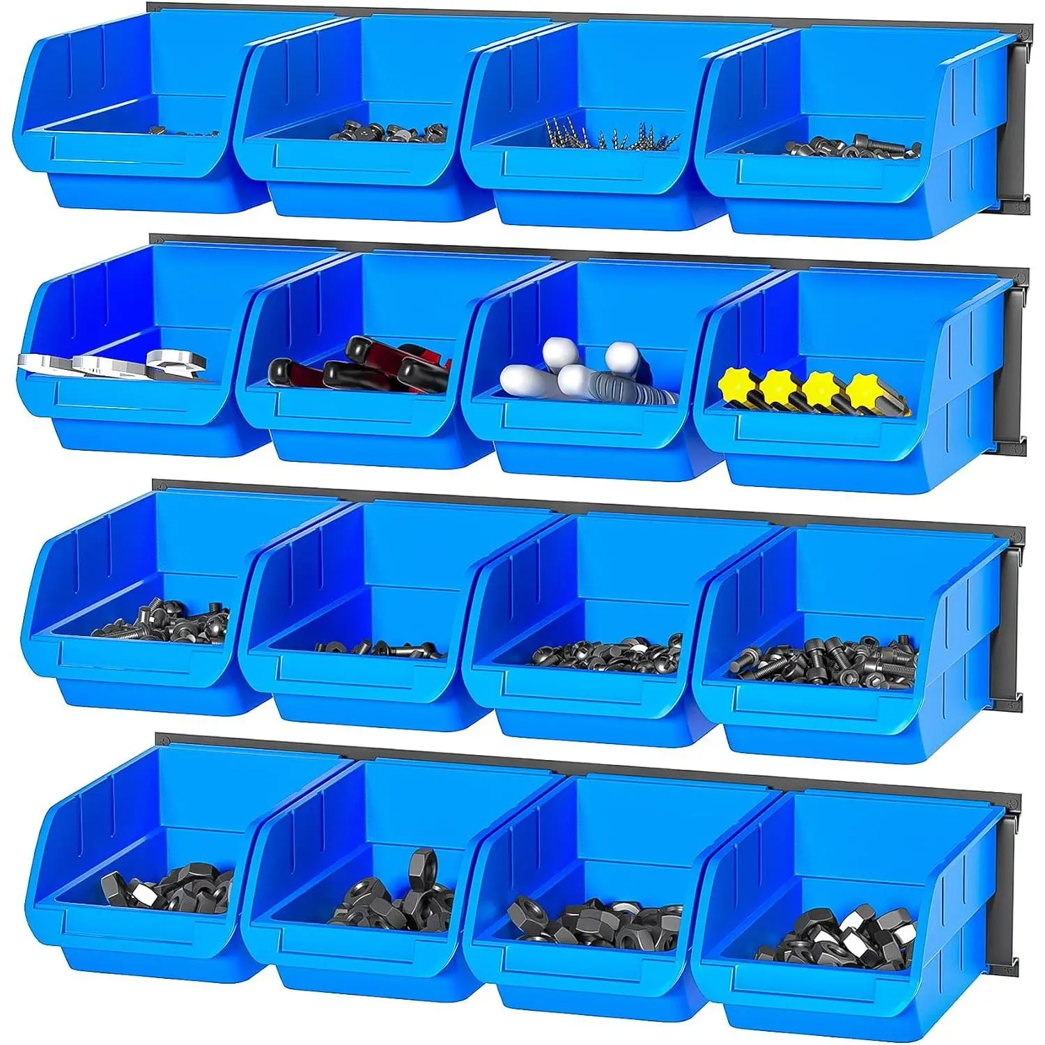 Wall Mounted Storage Bins, Plastic  Storage Organizer Bins, Garage Tool Storage System for Screws, Nuts, , Nails, and Small Hardware , 16x bins & 4 x rails, Blue