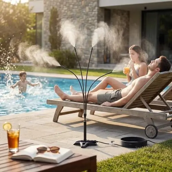GARVEE Outdoor Standing Mister with 4 Adjustable Mist Heads, Freestanding 29FT Flexible Reach; Expandable Misting Setup; Built-In Water Switch; Durable ABS Build; BBQ, Patio, Poolside
