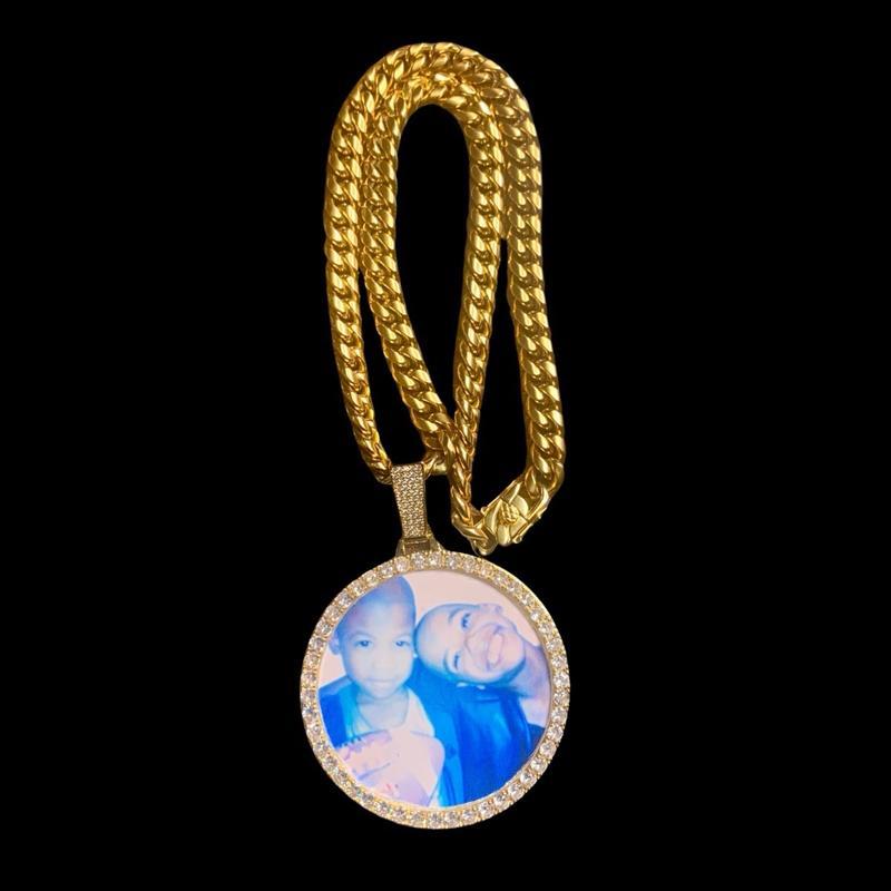 [ICE HUE]18K Gold Vacuum Plated Copper with 5A+ Sri Lanka Zircon Oversized Personalized Custom Memory Photo Pendant With Big Cuban Necklace Miami Italy Mexico & Micro Inspired for Women & Men Luxury Jewelry,Daily Wear,Casual Fashion,Gift,Chicano,Hip Hop