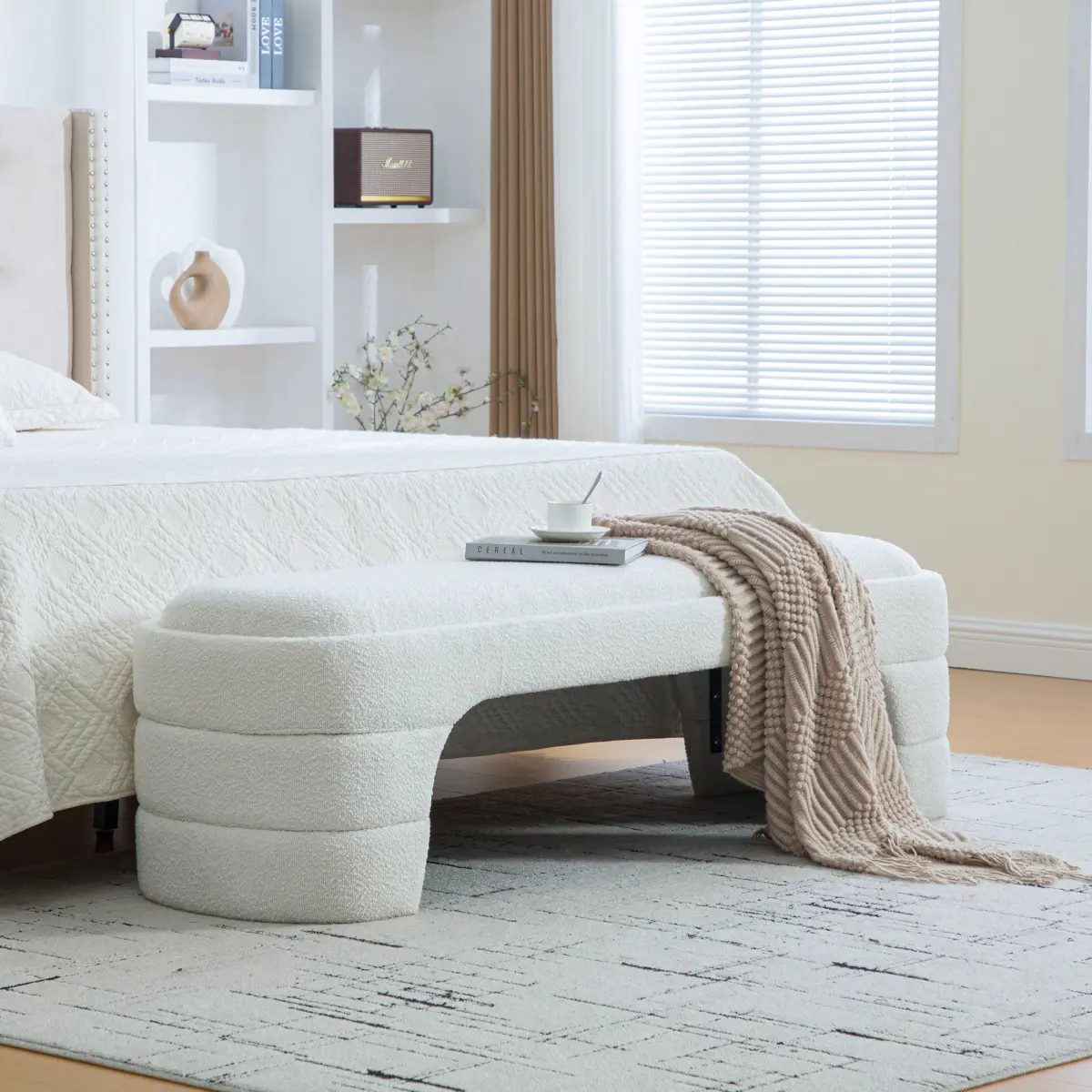 Boucle Upholstered Tufted Classic Entryway Bench - Rectangular Solid Wood Plywood Sled Base, 300 lbs High Load Foam Cushion, Partial Assembly Required, for Bedroom & Living Room Foot Stool