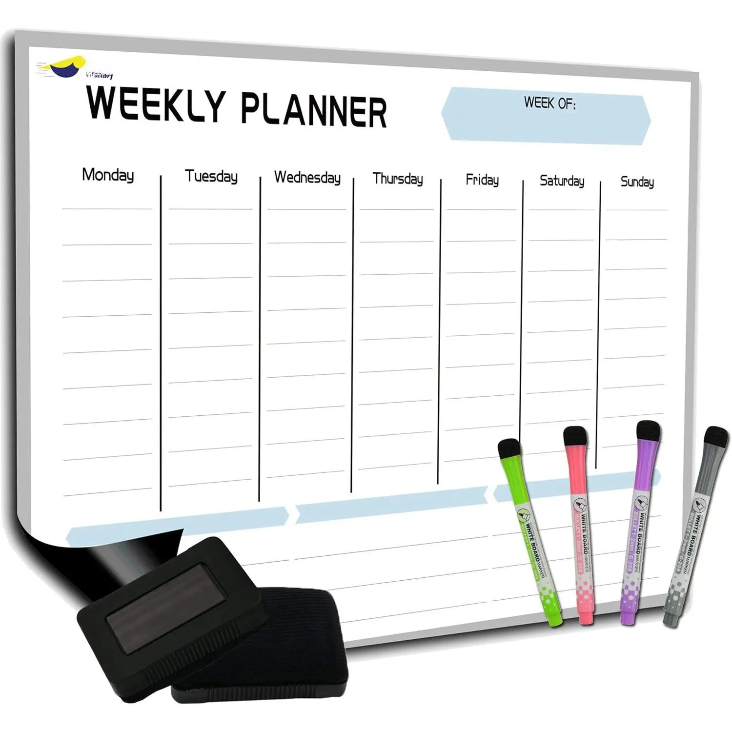 Large  Weekly Planner for Fridge, Dry Erase Whiteboard | 17x12" Stain-Resistant Surface,  Full- , 7-Day Weekly Planner for Meals & Chores, 4 Markers & Eraser