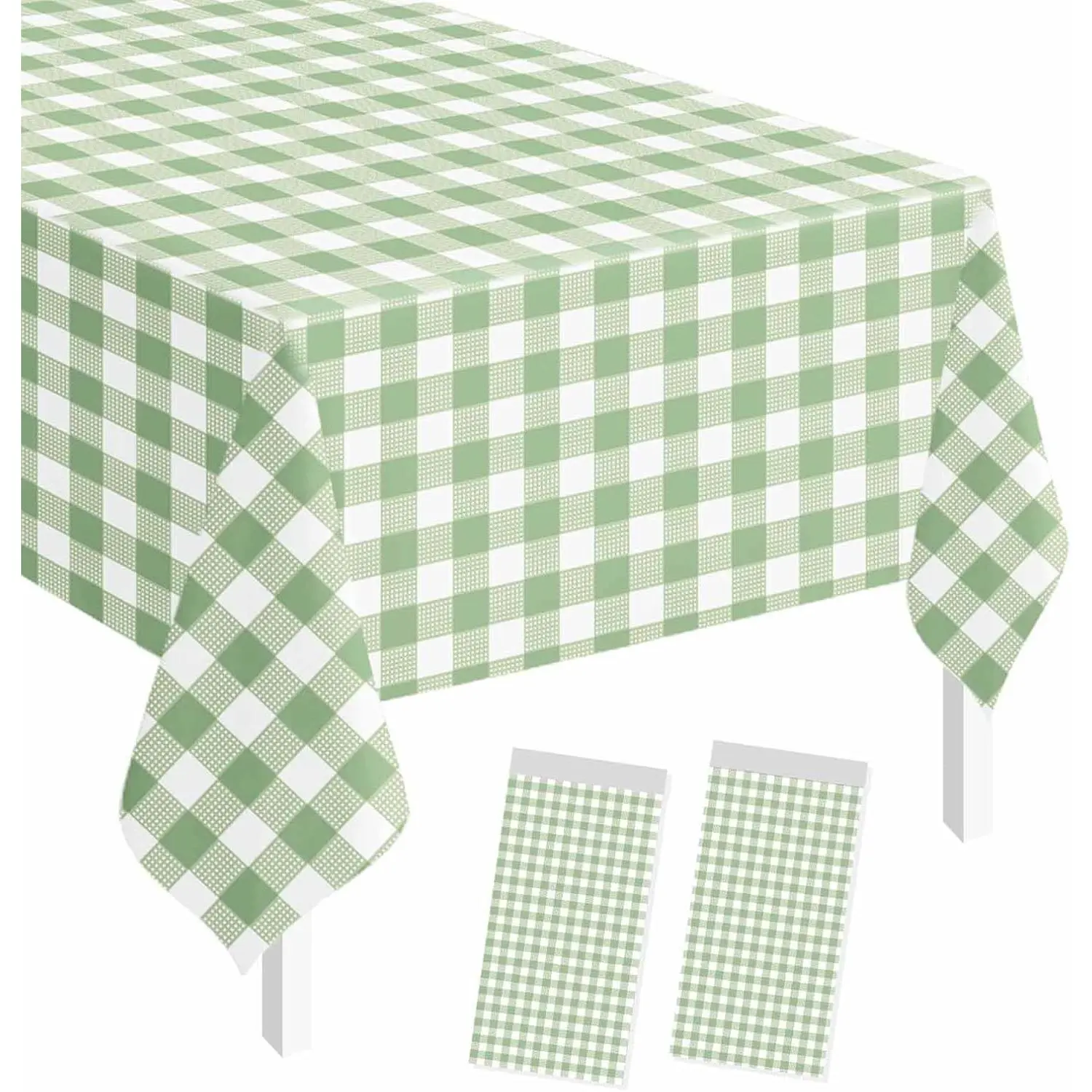 2 Pack Sage Green and White Gingham Tablecloth Rectangle 54 x 108 Inch Disposable Plastic Table Cover for Birthday, Baby Shower, Picnic, Wedding Party SuppliesGift