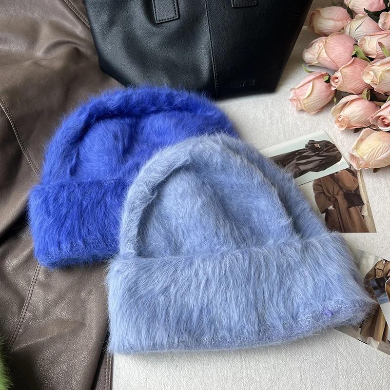 Winter Warm Unisex Y2k Beanies Leisure Outdoors Soft Fluffy Angola Winter Knitted Hat Female Plush Windproof Bonnet Skullies Cap