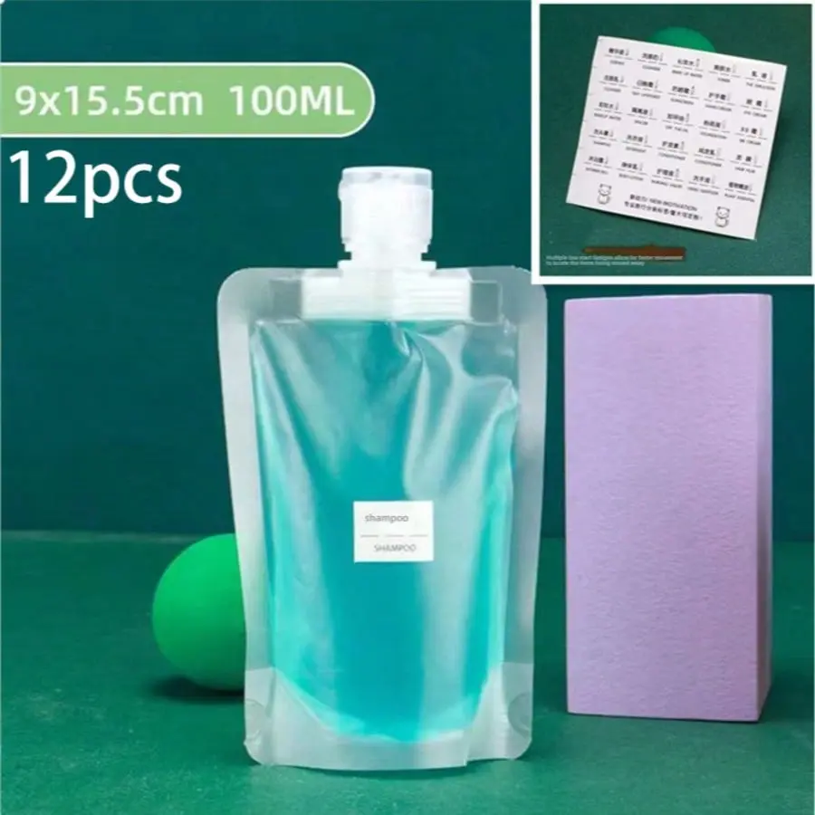 12-Piece Reusable Travel Dispenser Bags, 100ml Flat Pouches for Shampoo & Cosmetics, Portable Leakproof Drop Kit Organizers for Toiletries, Mini Travel Products, Travel Hacks