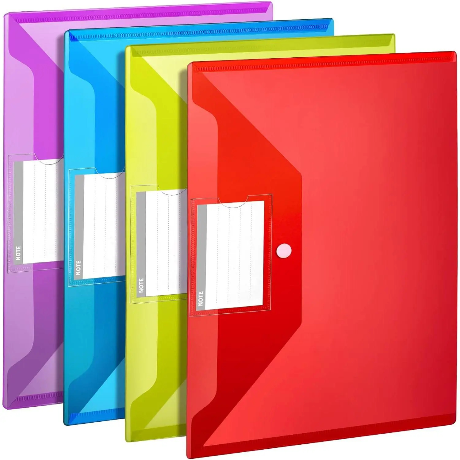 File Folders for Documents, 4 count Plastic Folders with Pocket, Plastic Envelopes with Snap Closure,  File Bags, for School & Office, A4 Size