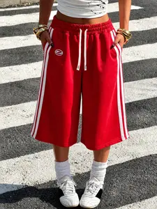 Unisex Red Side Stripe Baggy Bermuda Sweat Shorts, Drawstring Knee Length Athletic Lounge Shorts for Streetwear, Gym Style, Summer Casual and Daily Outfits