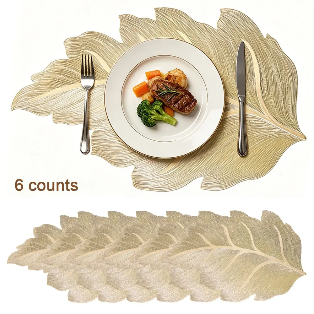 Gold Vinyl Placemats Set of 6, Washable Water Proof Sturdy Leaf Patterned Place Mats Tableware for Table Decoration, Events, Home Decor & Daily Use