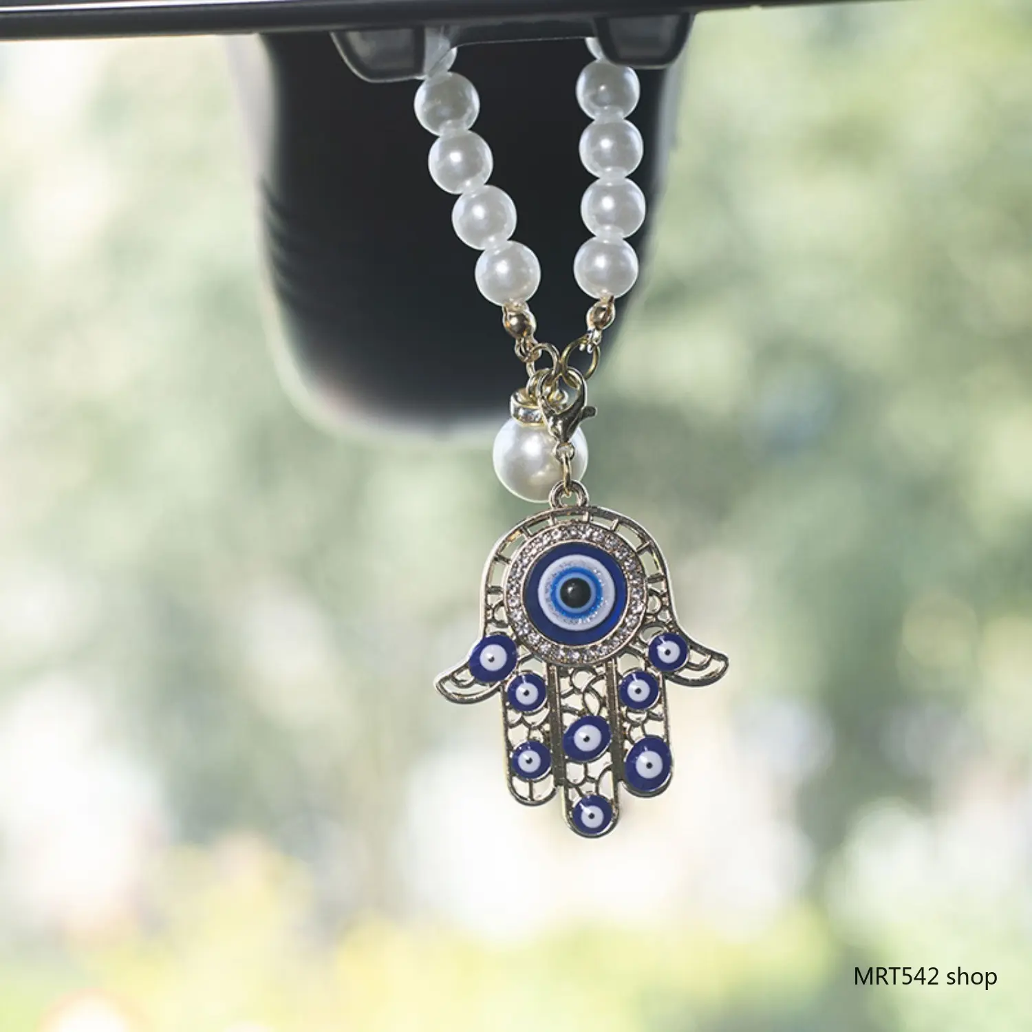 Hand of Fatima Car Mirror Ornament with Evil Eye, Sparkling Look Synthetic Enamel Rhinestone Crystal Car Interior Charm, Luxury Elegant Trailer Accessory, All Seasons Valentine Gift for Her