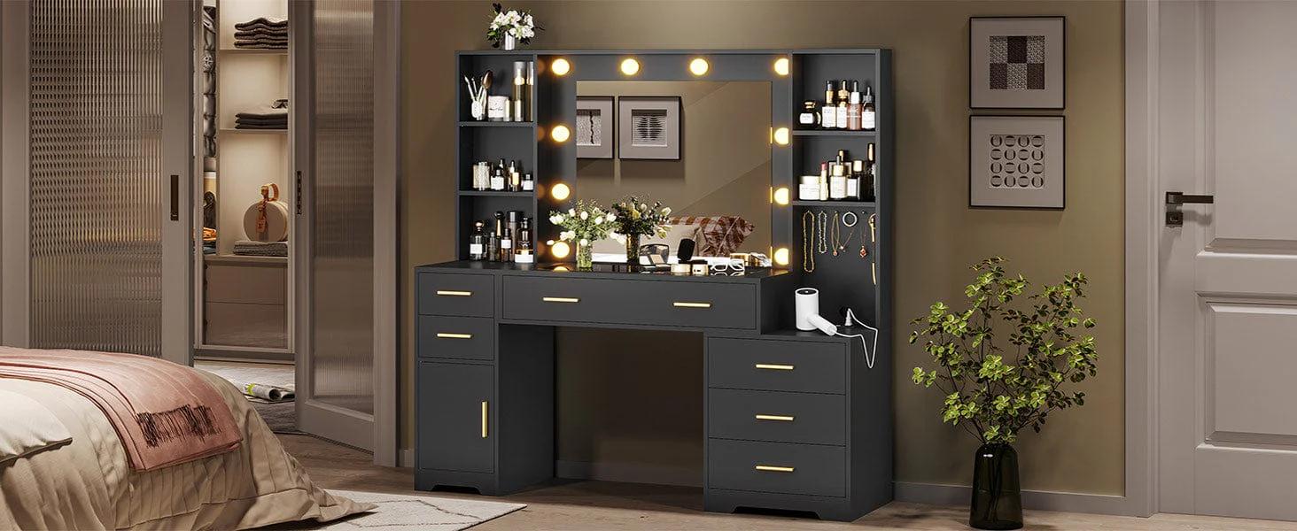 Sikaic 48.8" LED Lighted Makeup Vanity with Large Mirror & Charging Station Modern Black Dresser with 6 Drawers & Adjustable Shelves for Beauty Enthusiasts