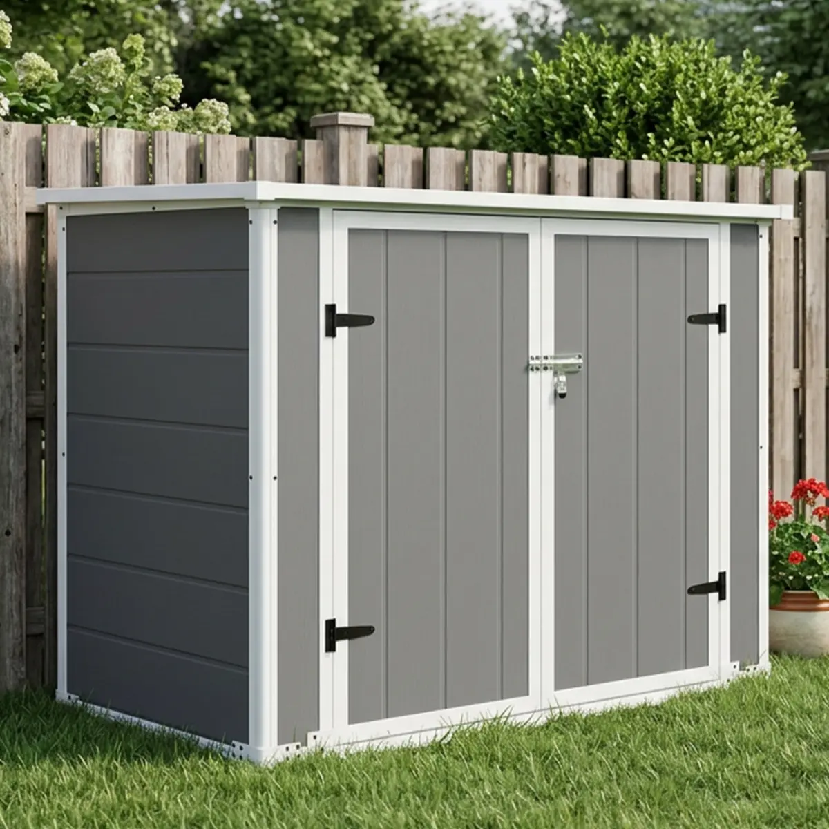 Horizontal Outdoor Storage Shed with Ramp & Hydraulic Lid, Lockable Waterproof Storage Cabinet for Trash Cans, Tools & Firewood