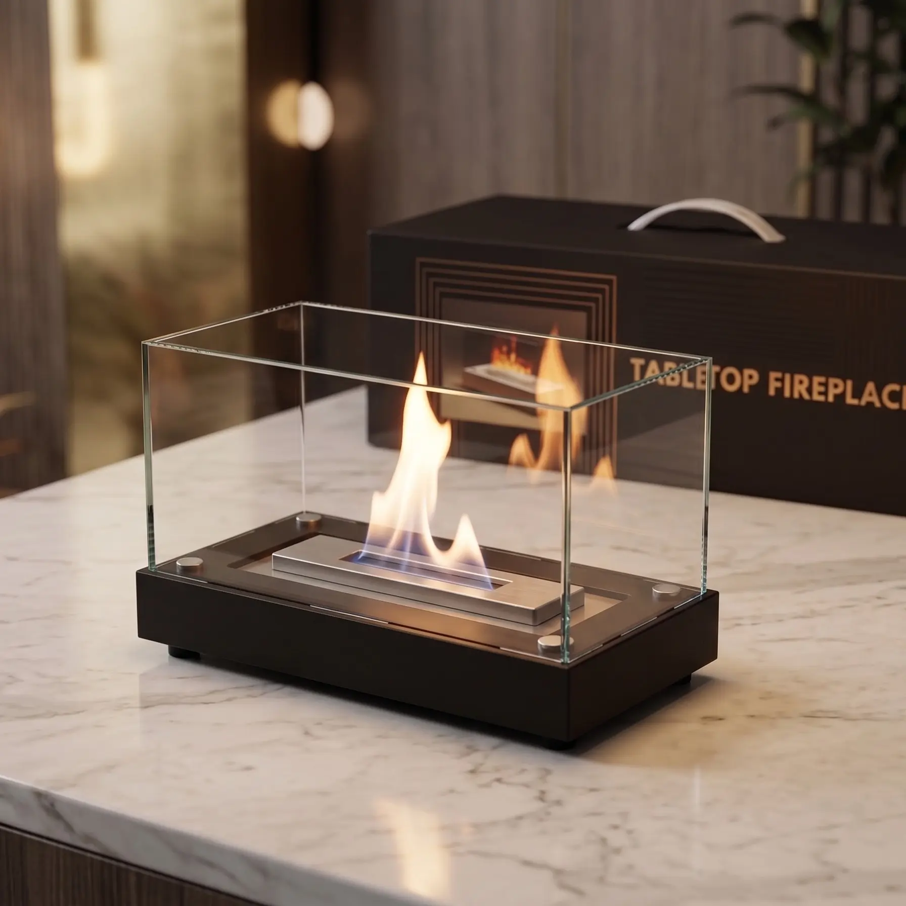 Portable Desktop Fireplace, Dual-Layer Glass Cover, Astm F3363-19 Certified, Fire Extinguisher Included, Outdoor Decor for Patio & Garden