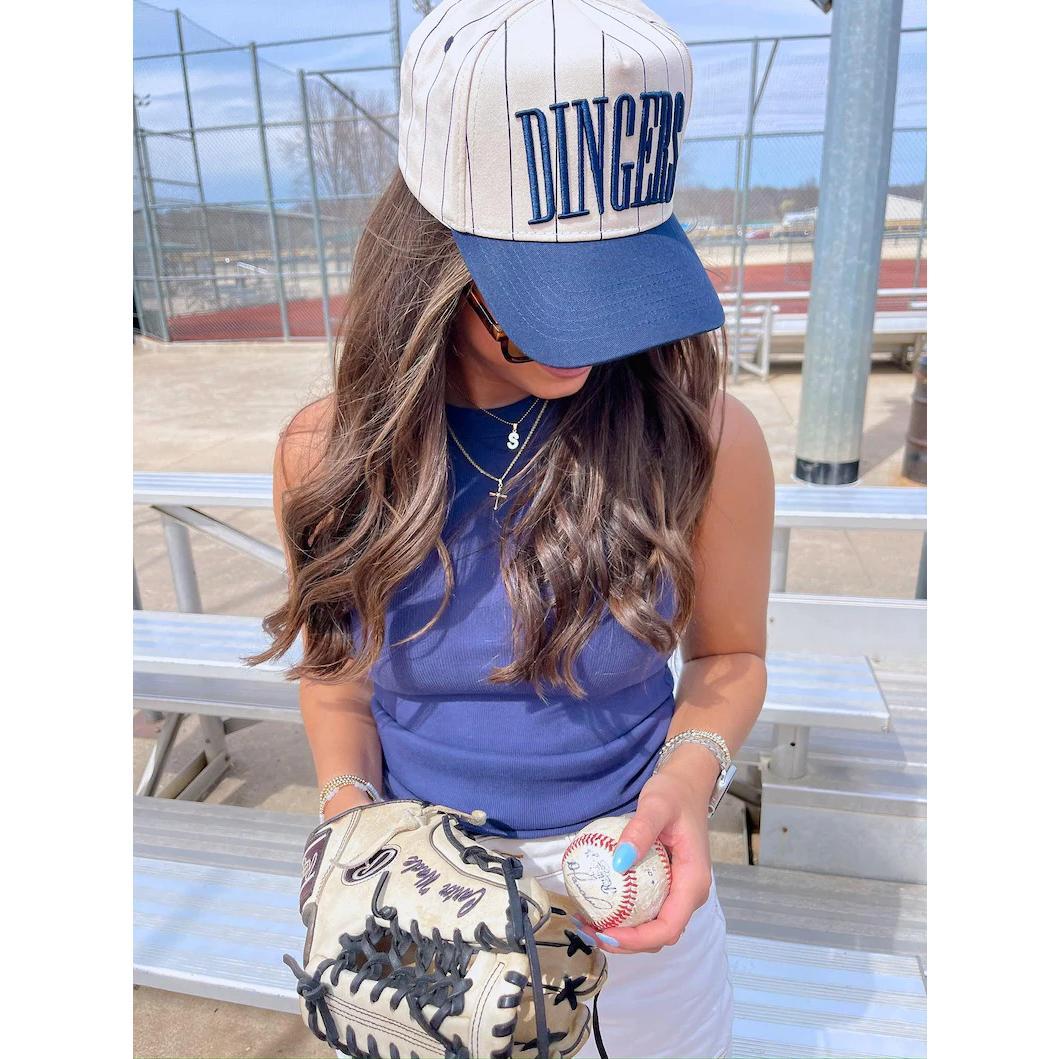 Dingers Navy Striped Vintage Trucker Hat Flatbill Snapback Cap for Baseball Season Adjustable Snapback Design