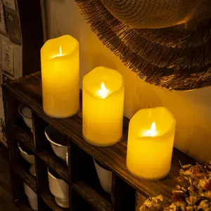 3-Piece Set of Flame-Less Candles with Realistic Flame Effects - Battery-powered LED pillar candles, perfect for camping, weddings, table settings, holidays, Halloween, and Christmas decorations - Ivory-colored, drip-free design (batteries not included)