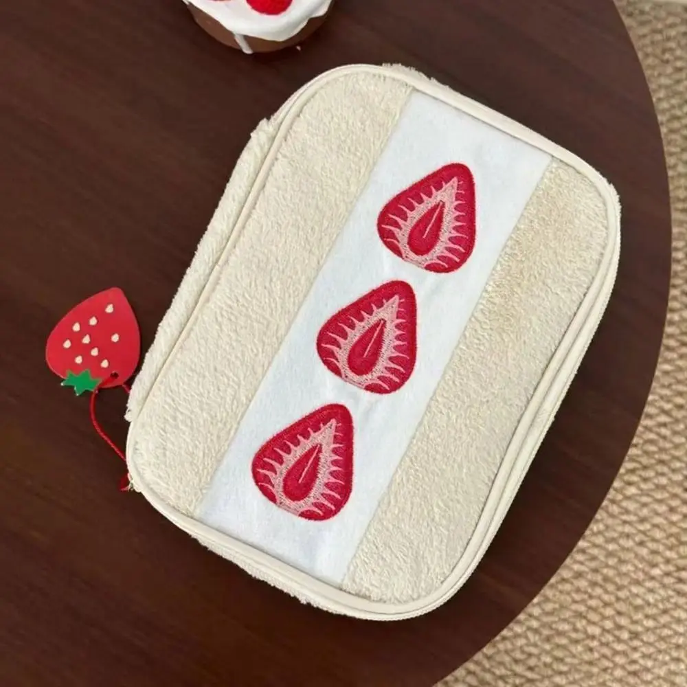 Portable Fuzzy Pen Bag Strawberry Sandwich Multi-functional Makeup Bag Cute Embroidered Pencil Case School Office