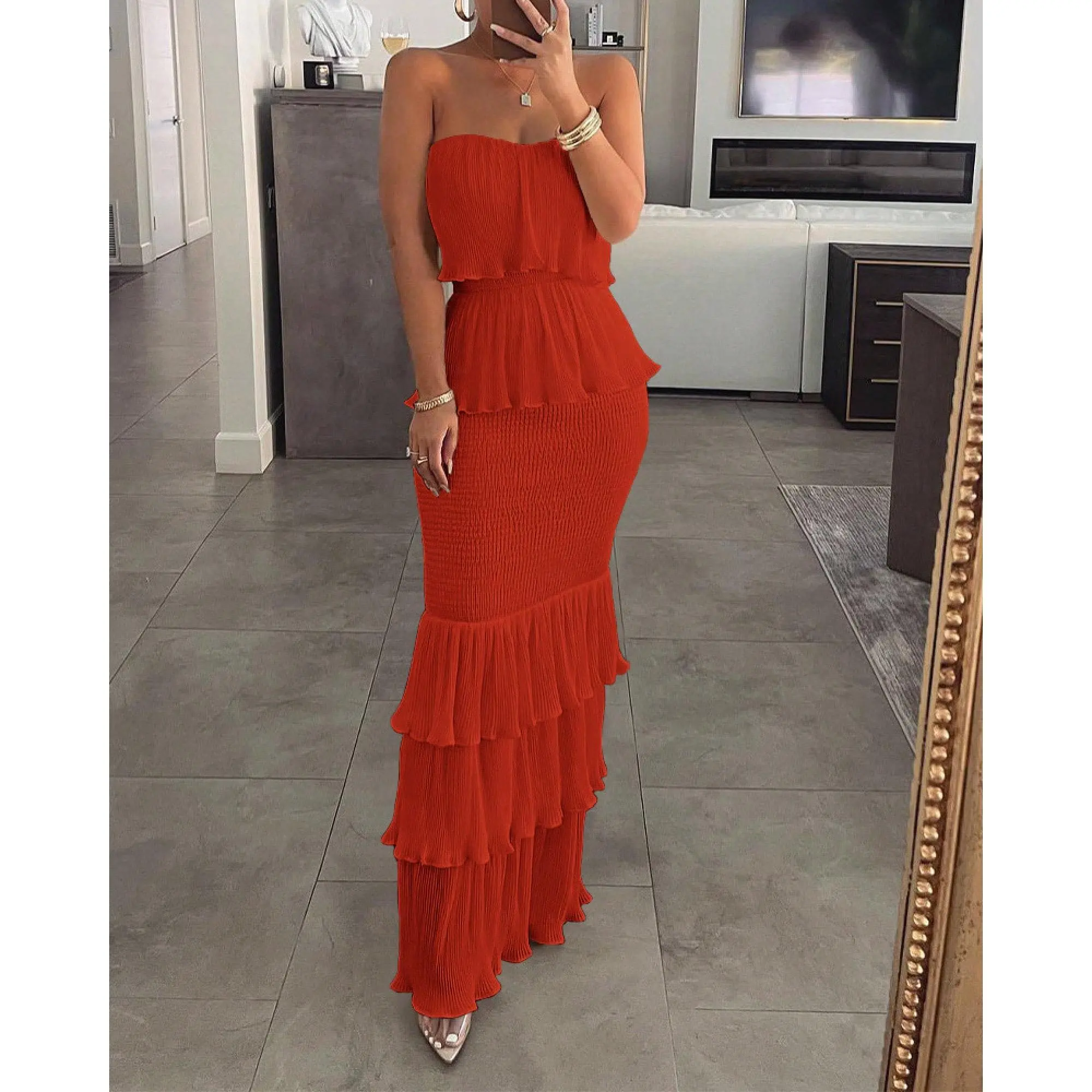 Fashionable Sexy Elegant Women's Solid Color Sleeveless Strapless Gathered Pleated Ruffle Long Dress