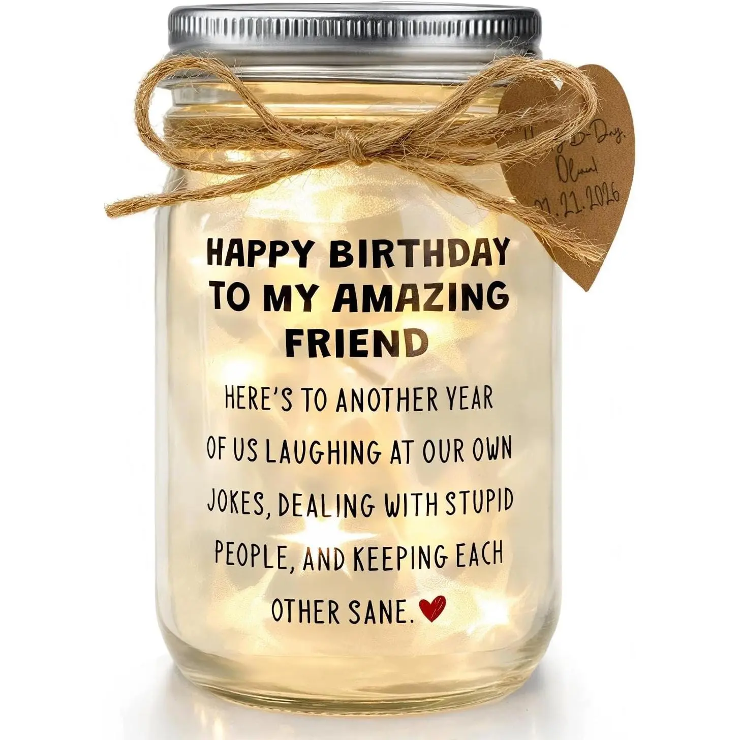 Birthday  for Women, Funny Friendship Mason Jar Night Light | 15 oz Glass , Warm  LED Glow, A Message to Make Your Bestie Laugh, Write-Your-Own Heart Tag