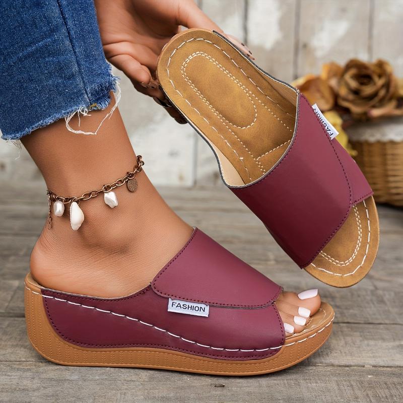 Women's Comfortable Arch Support Slide Sandals - Breathable, Stylish, Soft Sole, Mid-Heel, Open Toe With Faux Cover Straps - For Casual Attire In Maroon, Black, White, Blue, And Brown, Ladies Sandals