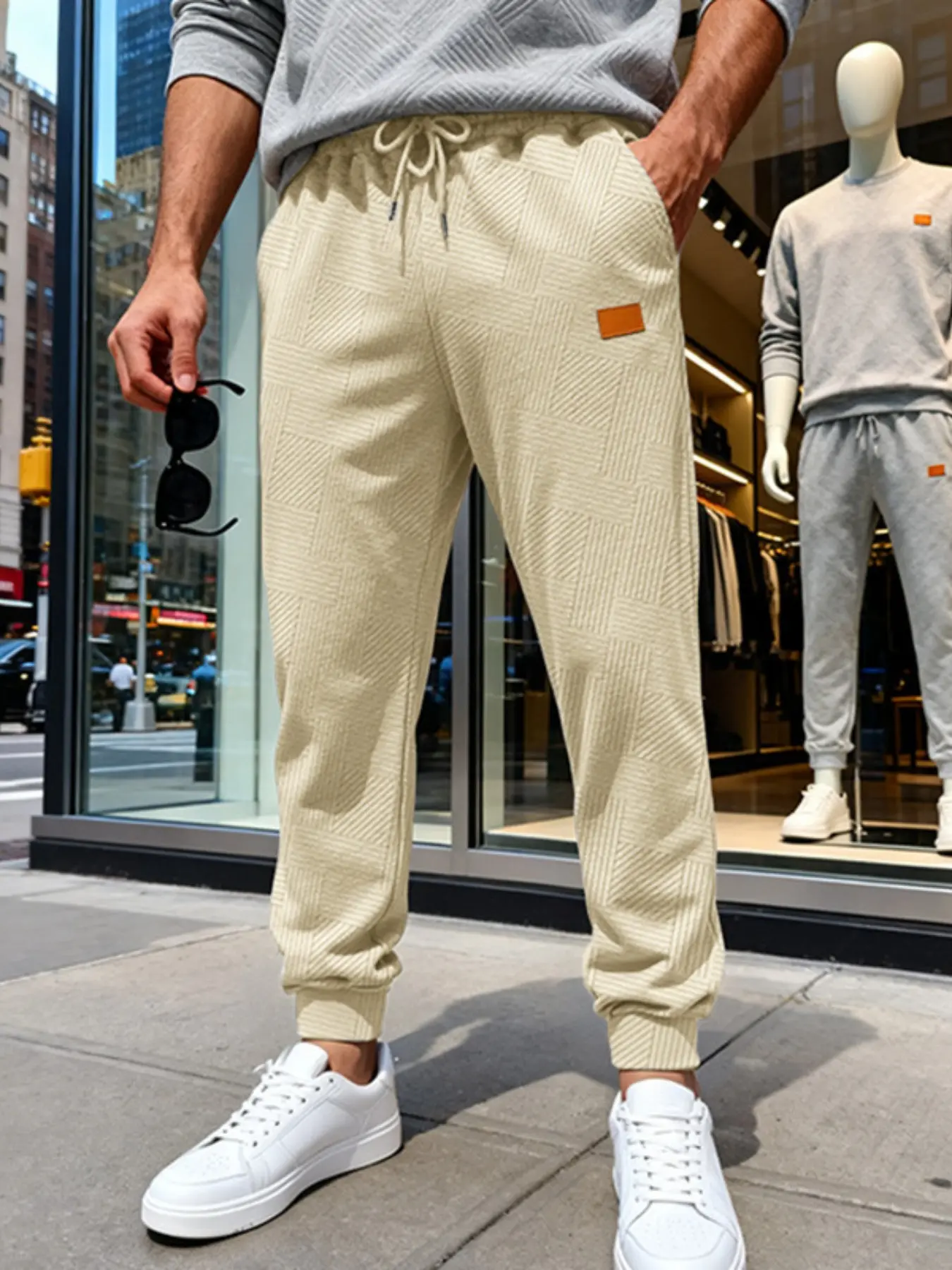 Men's Solid Colors Geometric Jacquard Texture Cuffed Sweatpants, Drawstring Elastic Waist Leather Label, Soft Breathable Street Style Sport Casual Pants，Multiple Colors Available.