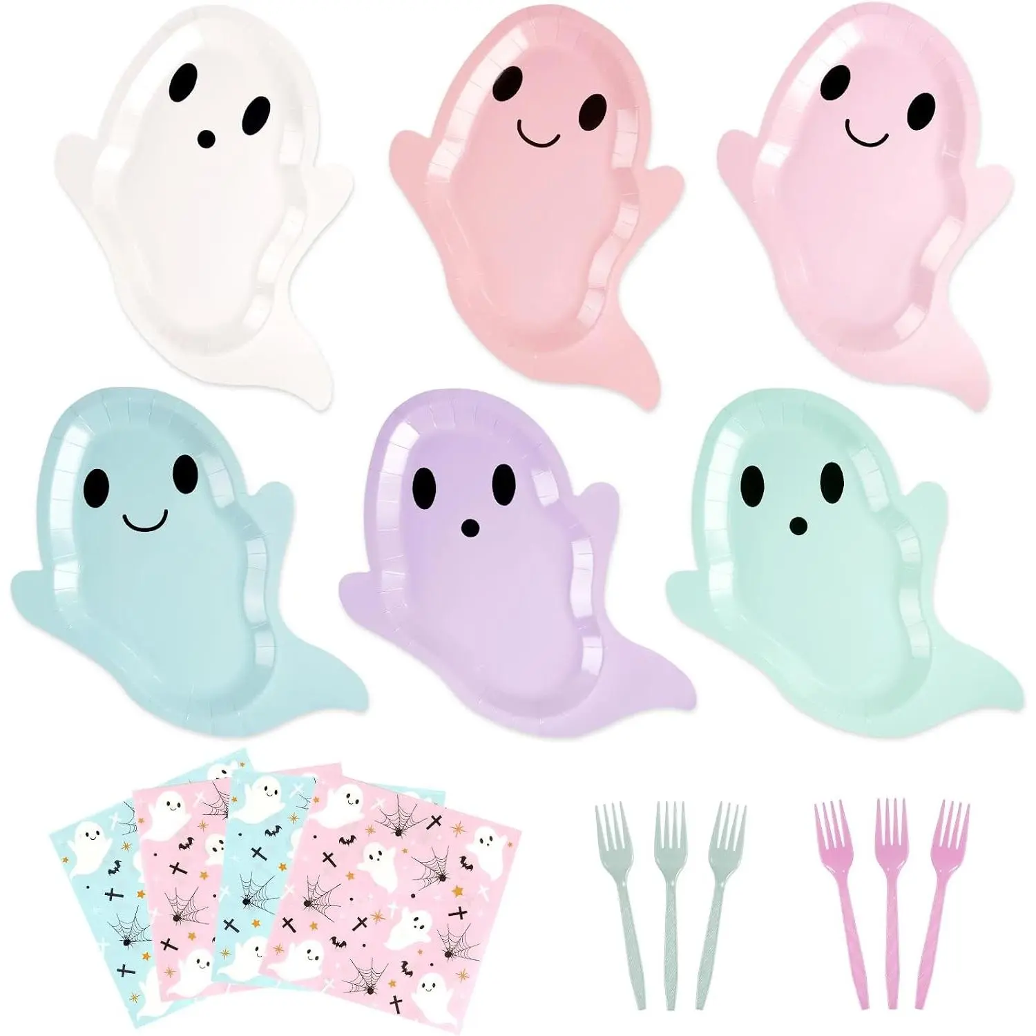Halloween Party Tableware Set, Pastel Ghost Plates, Napkins and Forks, Serves 24 | Cute Paper Tableware for Halloween Parties, Birthdays, Classroom Events and Fall CelebrationsGift