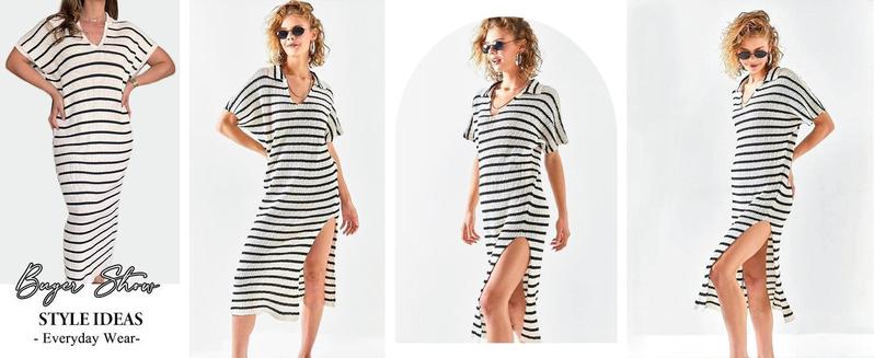 Imily Bela Womens Striped Summer Dresses Short Sleeve V Neck Knit Collared Sexy Slit Loose Maxi Sweater Dress