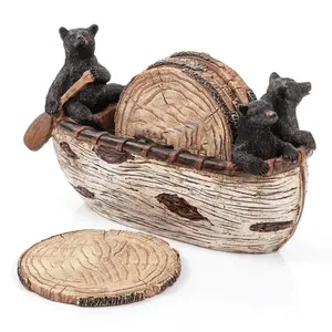 Bear Coasters Set of 6, Full Size Rustic Coasters, Handmade Canoe with Bear Figurines, Log Cabin Decor, Rustic Lodge Decor for Home