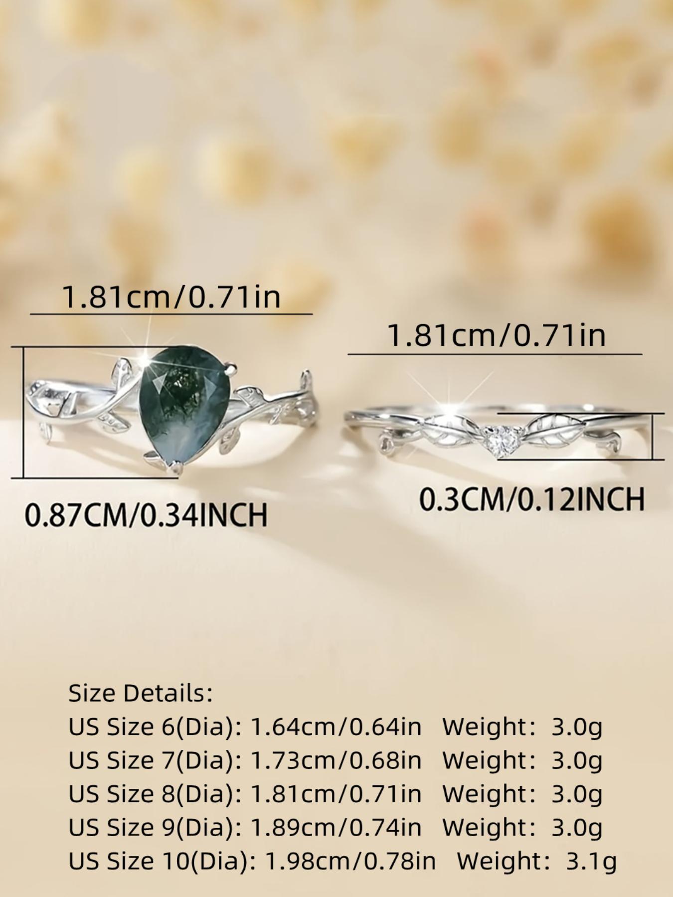 S925 Sterling Silver Natural Grass Agate Ring Set, with Box, Fashion Accessories for Women & Men, Statement Ring, Trendy All-match & Exquisite Jewelry for Birthday Gift, Bridal Engagement Ring, Wedding Engagement Ring