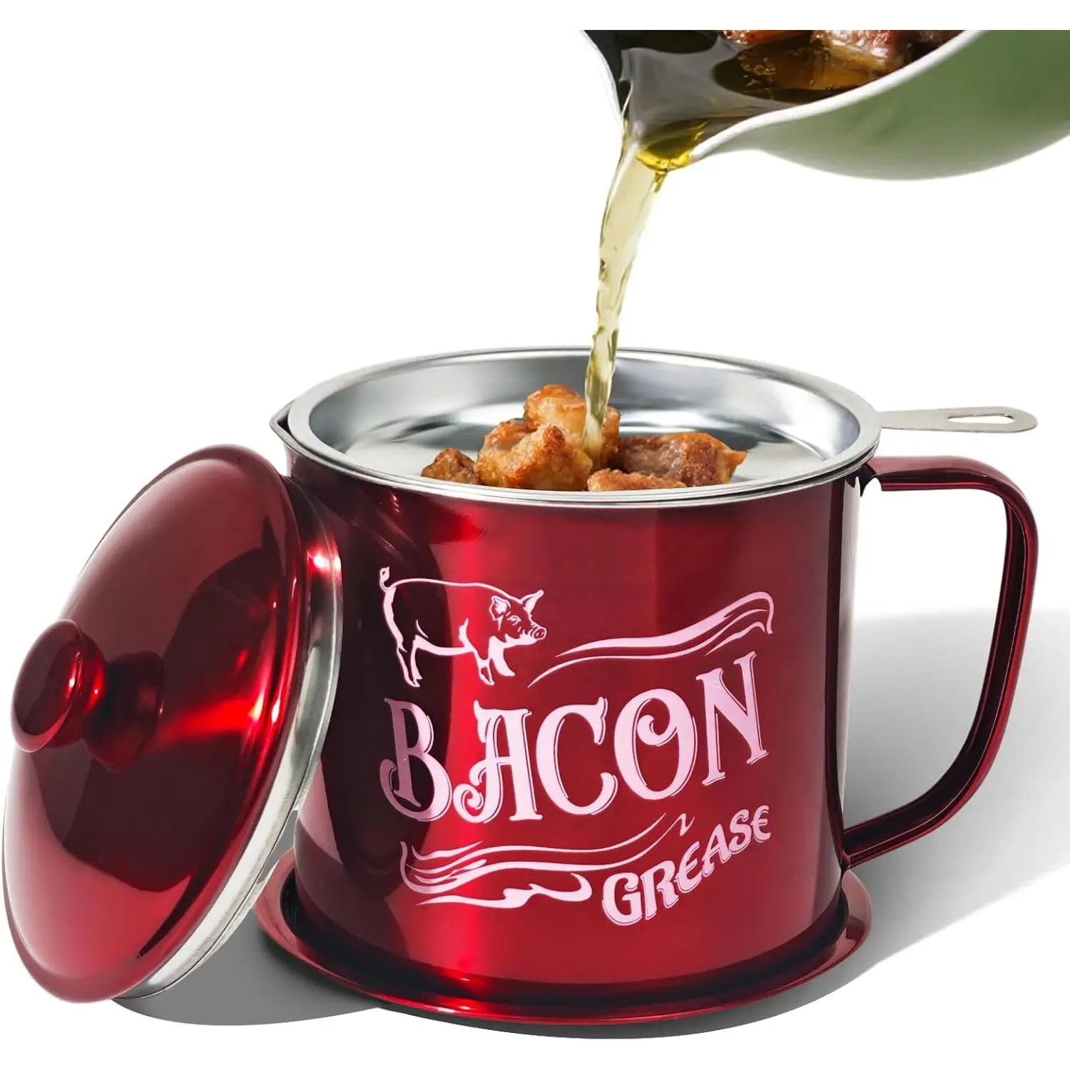 1.3L Bacon  Saver Container with Fine Mesh Strainer,Stainless Steel Oil Keeper Can for Bacon,46oz Large Rustic   Container, Keeper, Recipes, Dishwasher Safe (Red)