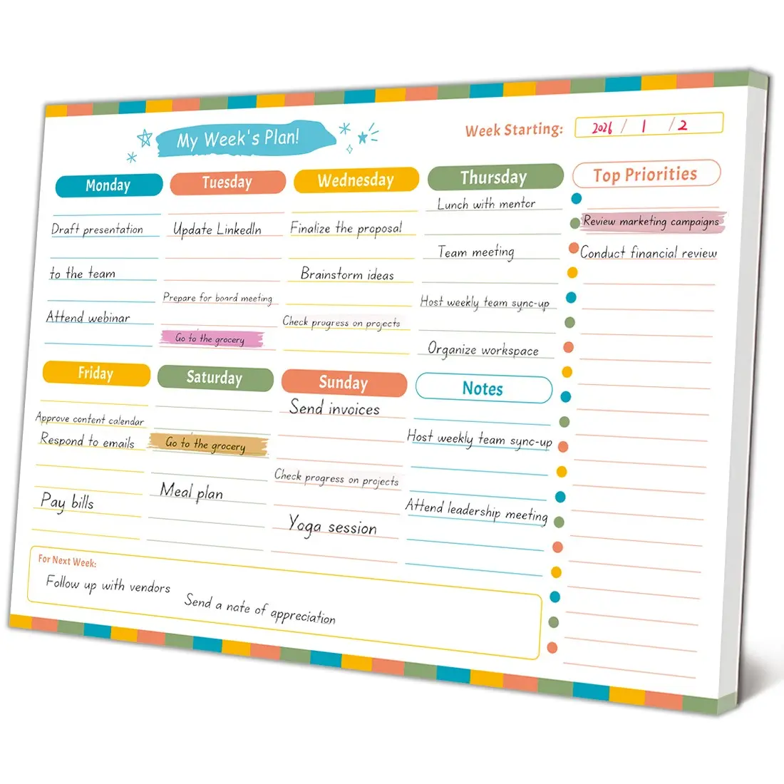 Undated Weekly Planner Notepad, Colorful to Do List Desk Pad, Top Priorities & Notes Section, Weekly Schedule Organizer for Office Home School