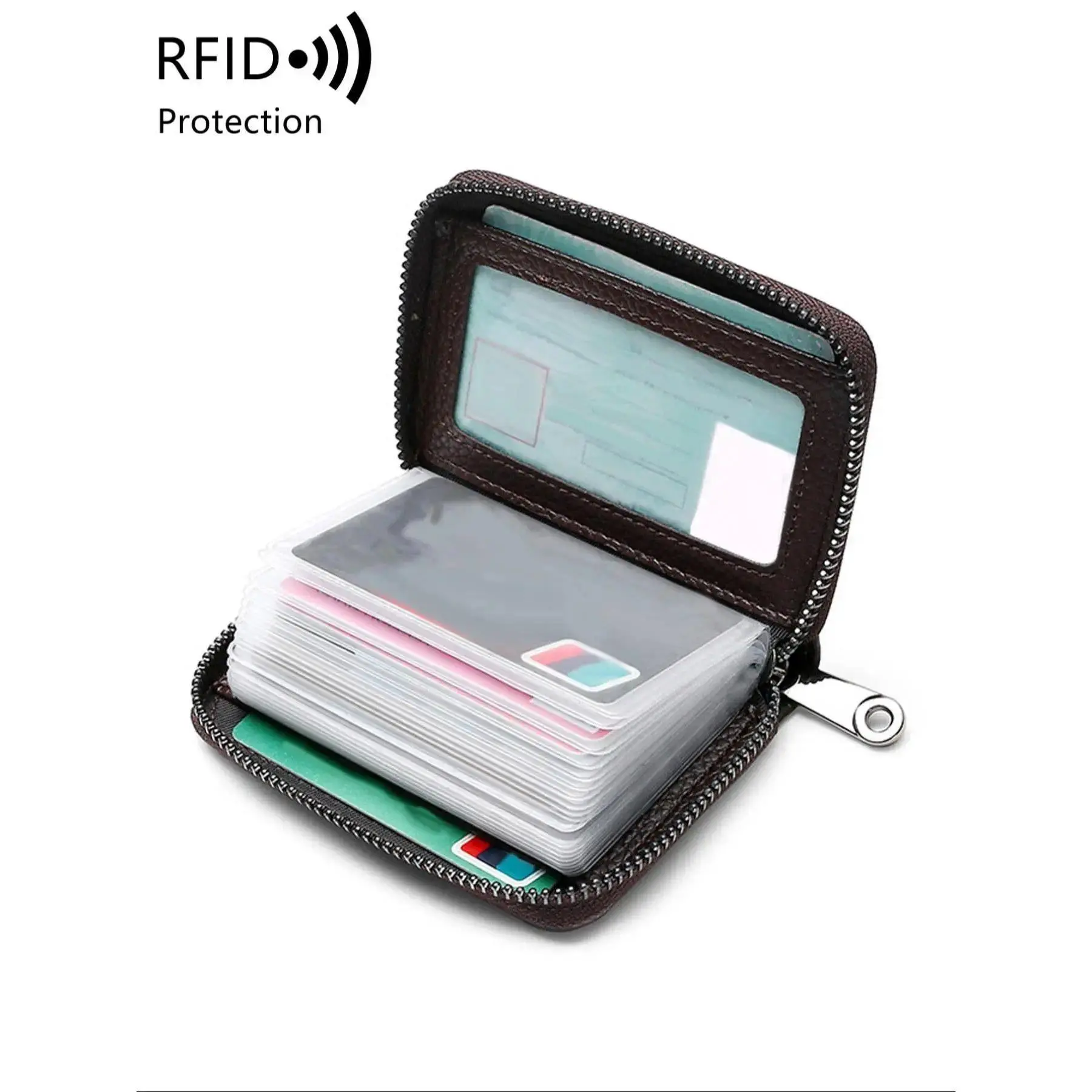 RFID Leather Card Holder with Zipper, Multi Slot Credit Card Wallet Organizer for Men & Women