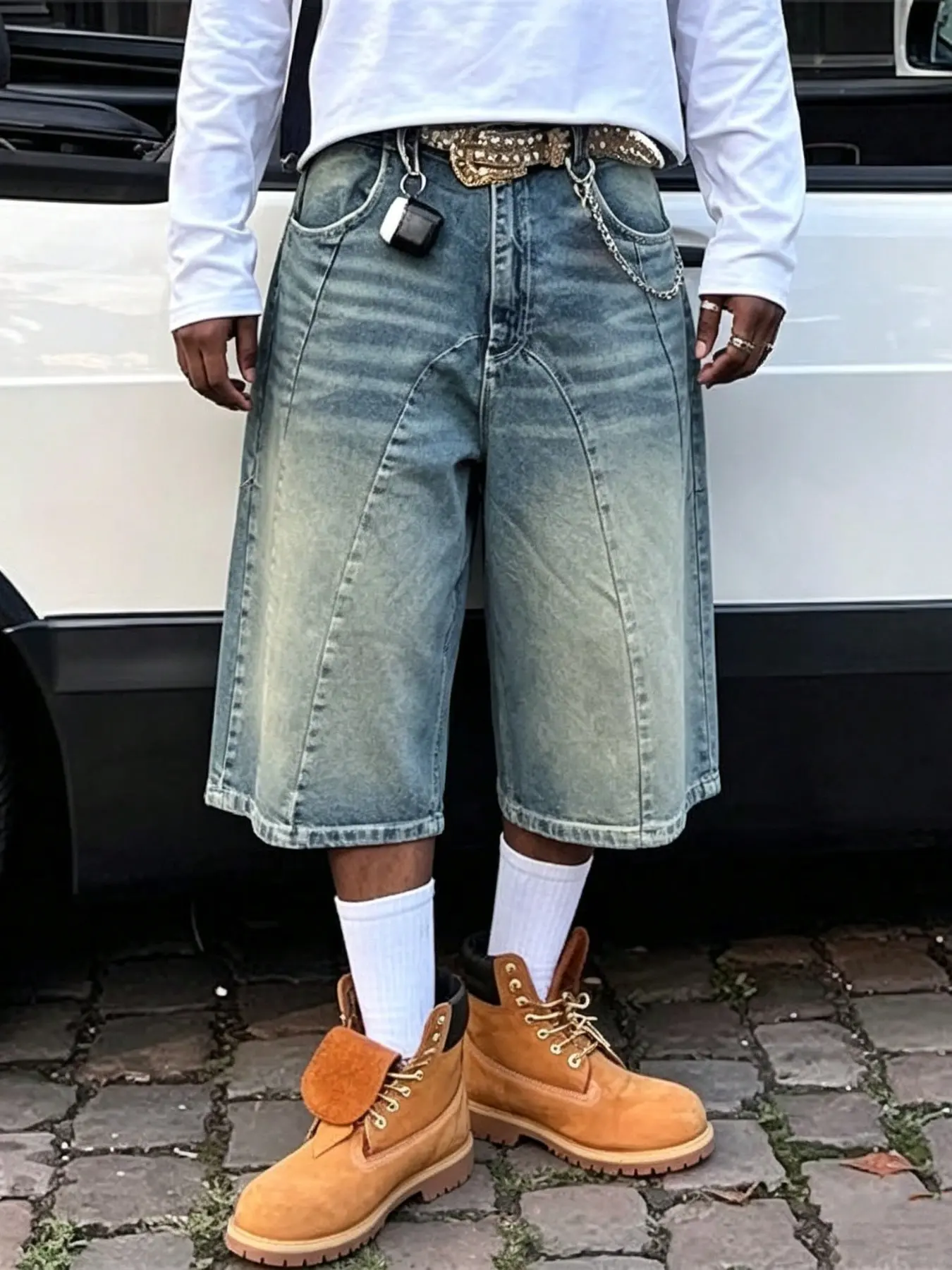 American Vintage Washed Seven-Eighths Denim Everyday Shorts for Men, Loose Fit Wide Leg Straight Tube Above Knee Mid Waist, All Seasons Casual Wear, Loose Solid Shorts, Daily Casual Shorts
