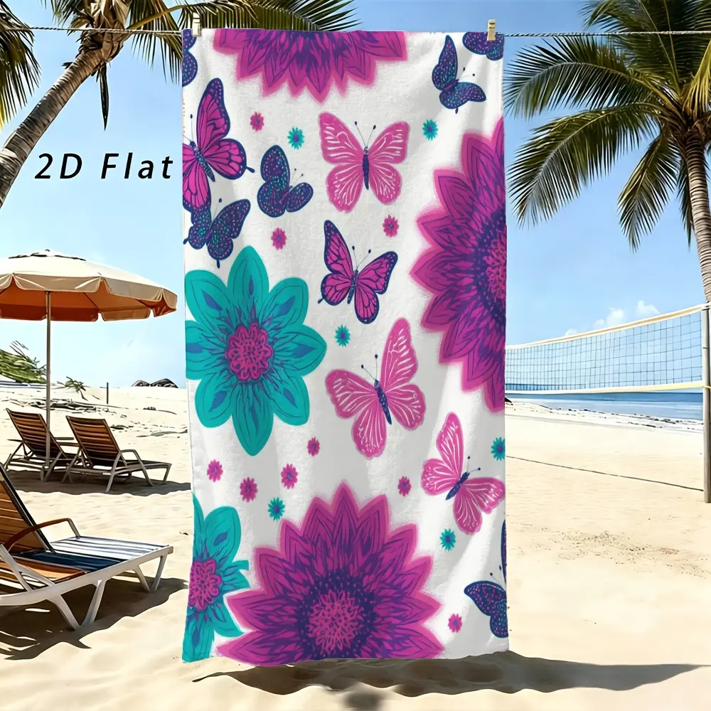 1pc Pink Teal Flowers With Butterflies Beach Towel |   Polyester, 230 G/M², Ideal For Beach Gatherings, Bridal Showers, And Cute Summer Outings, Whimsical Accessory For Floral And Kawaii Style Lovers