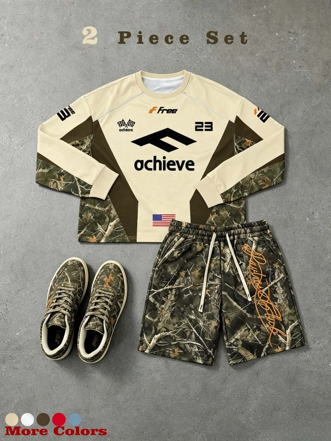Men's American Racing Camo Long Sleeve Top + Drawstring Shorts Set, Gym Outfit, Athletic Vintage Streetwear Y2K Style, Usa Flag Print, Unisex Fitness