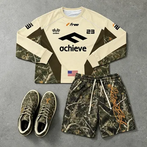 Men's American Racing Camo Long Sleeve Top + Drawstring Shorts Set, Gym Fashion Outfit, Athletic Vintage Streetwear Y2K Style, Usa Flag Print, Unisex Fitness