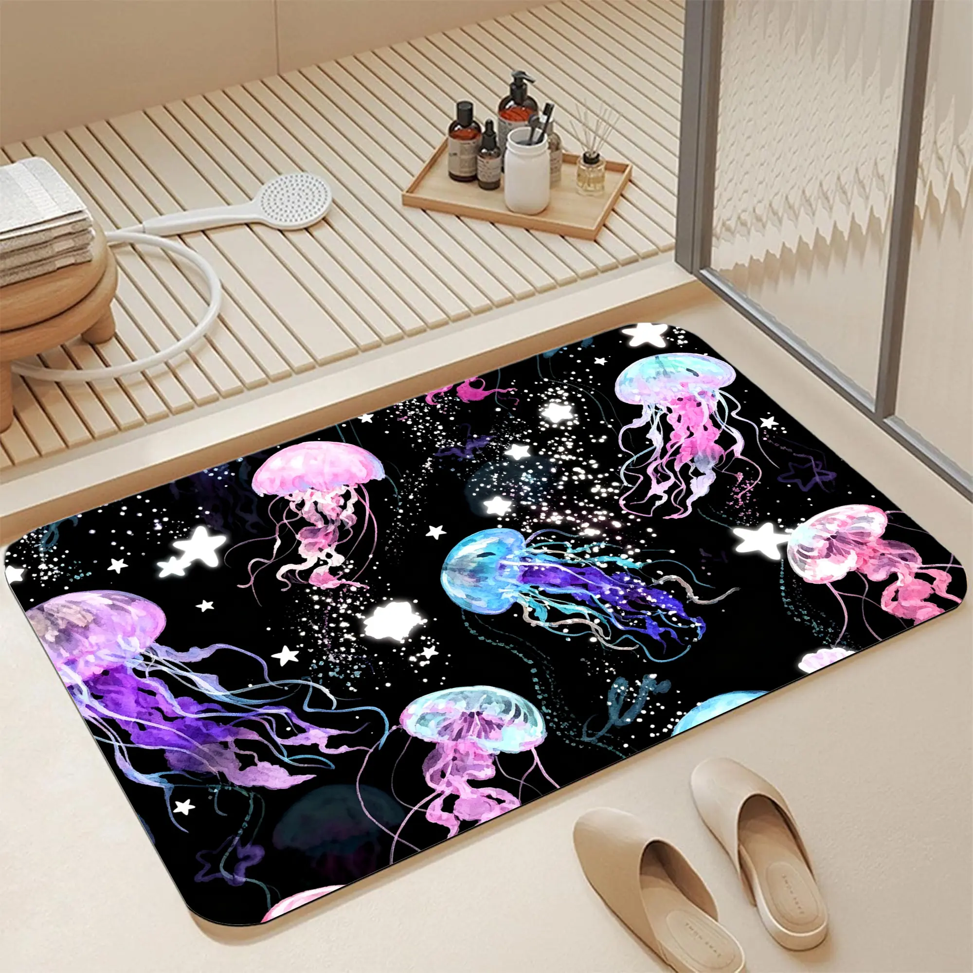 16*24" Colorful Watercolor Jellyfish Glowing Star Diatomite Bath Mat |   Quick Dry Non Slip Magical Purple Pink Blue Jellyfish Starry Night Seamless Print Diatomaceous Earth Bath Mat Fast Water Absorbent Ocean Fantasy Aesthetic Jellyfish Shower Rug