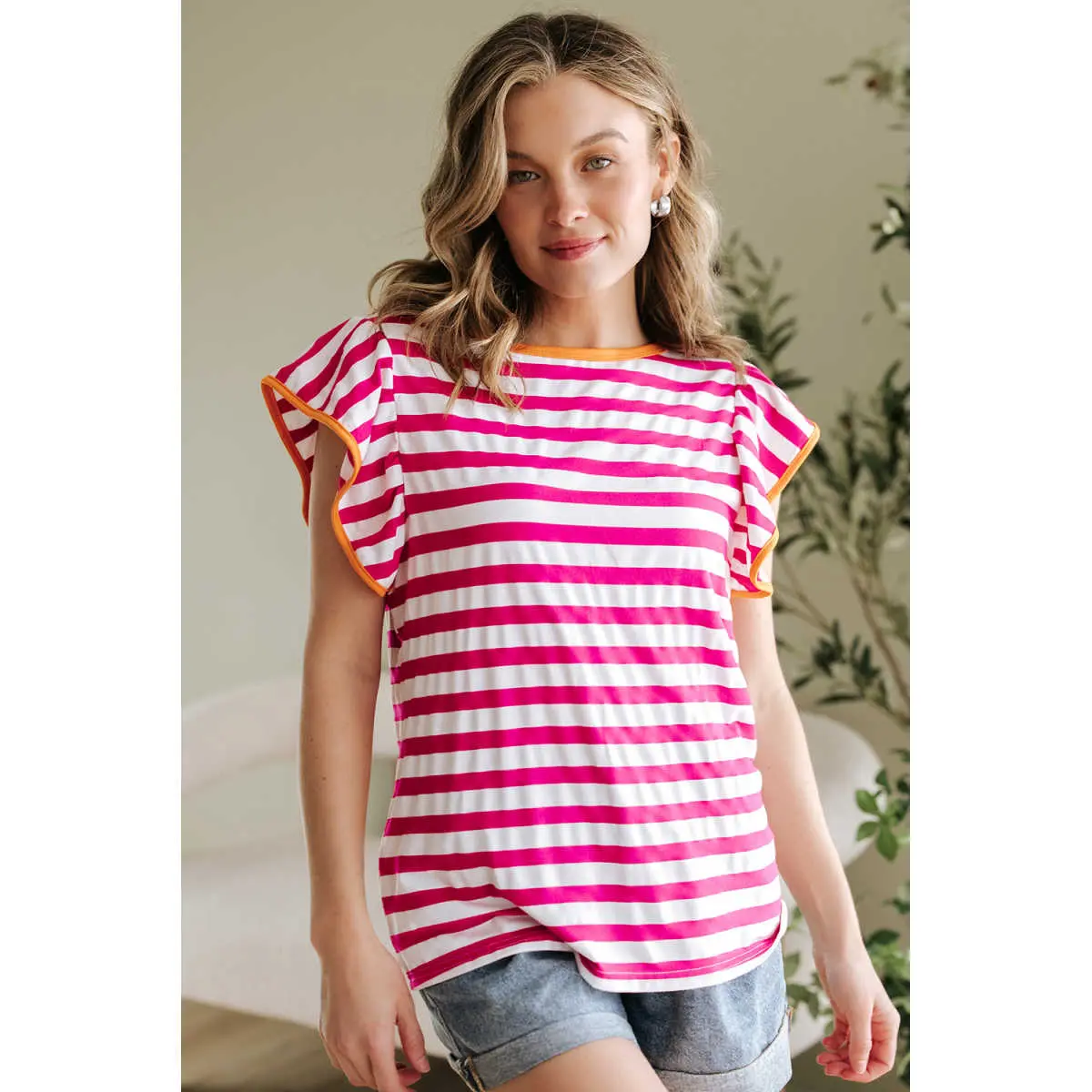 Rose Red Striped Ruffle Sleeve Crew Neck Blouse