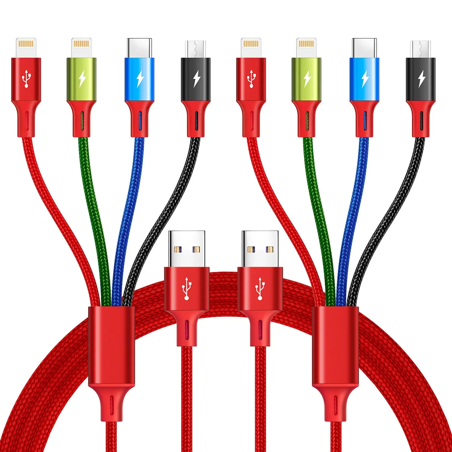 Multi USB   4A, 4-in-1 Braided  Cord, Multi Charger Cord, Multiple USB  with IP/USB C/ Ports Adapter for Cell Phones//Tablets//Pixel/PS  (2Pack/4Ft)