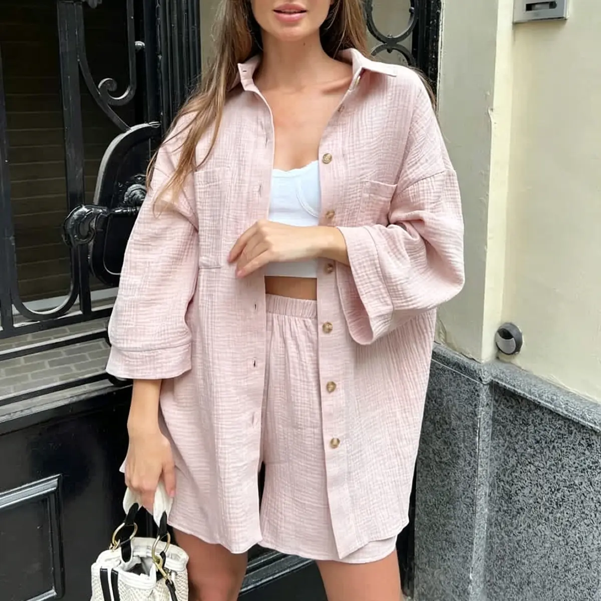 Women's 2-Piece Casual Chic Clothing Set - Solid Crinkled Faux Cotton Button-Down Shirt Jacket, Elastic Waist Button-Detail Shorts, Loose Lightweight Polyester Lounge/Resort/Oversized Short & Top Sets, Chic Women's Clothing Sets, Lounge Style Short & Top