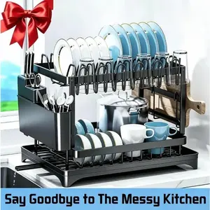 Double-layer kitchen countertop dish draining rack, detachable utensil draining and storage rack made of metal, kitchen storage rack with drip tray, can hold utensils, kitchen accessories, home decor