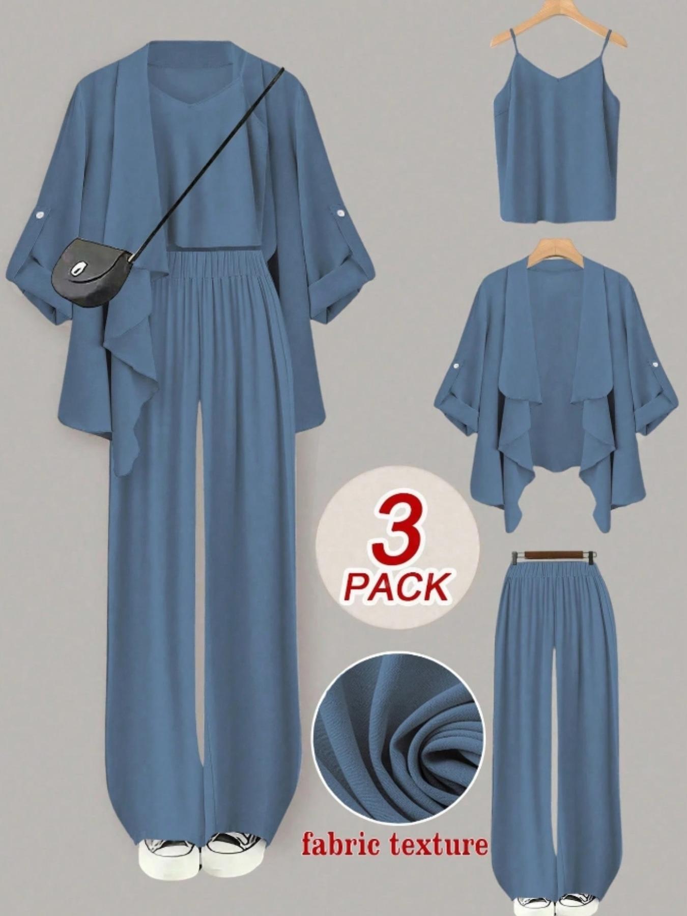 Plus Size Women's Solid Color Three-Piece Set, Spaghetti Strap Vest, Open Front Cardigan, Loose-Fit Pants, Casual Winter Womenswear