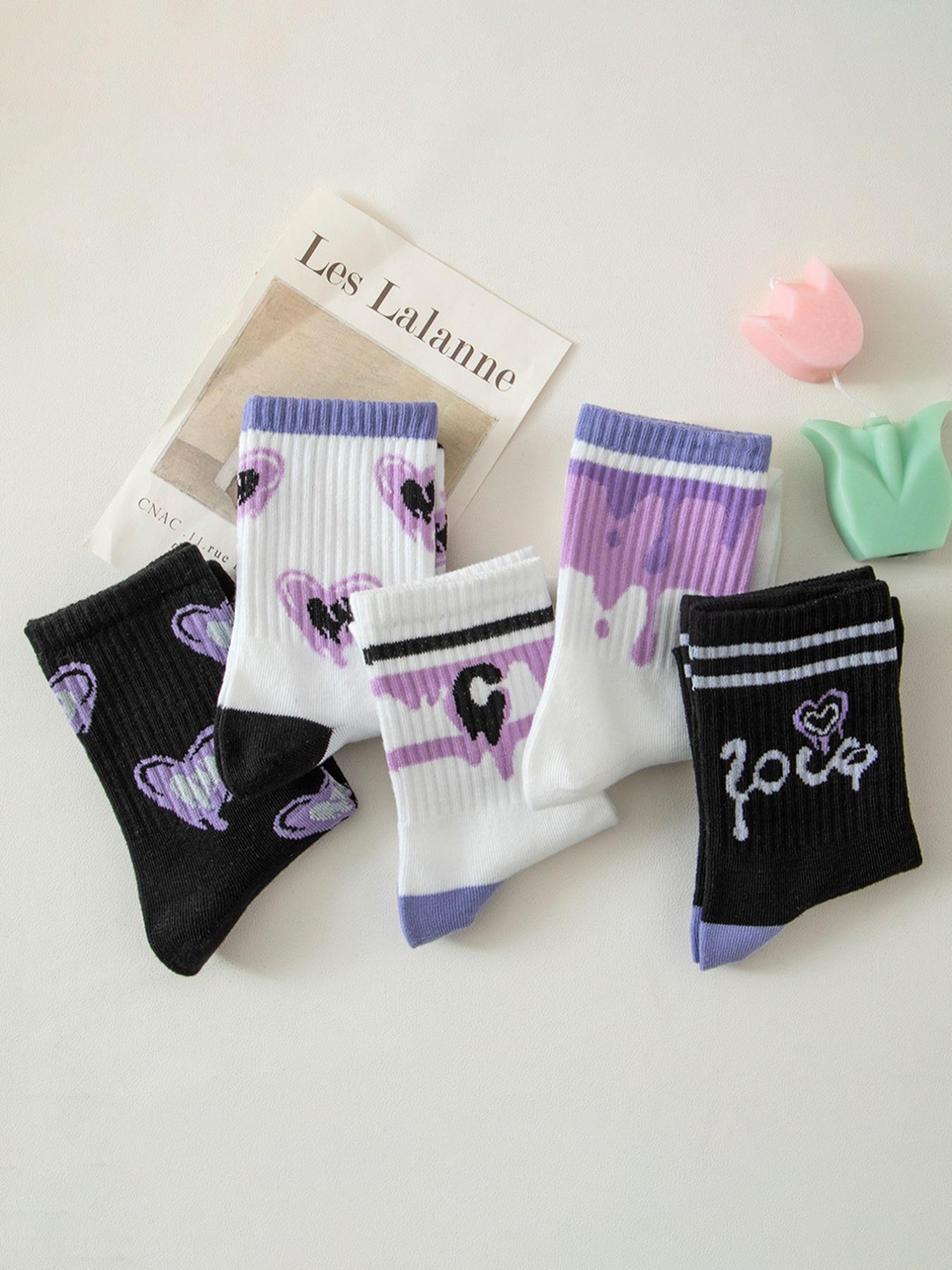 Women's 7 Pairs Heart & Letter Print Crew Socks, Casual Stylish Socks, Soft Comfy Socks, Preppy Casual Soft Comfortable Breathable Striped Print Mid-calf Socks for Daily Wear, Multipack Knit Socks for All Seasons, Sock Set