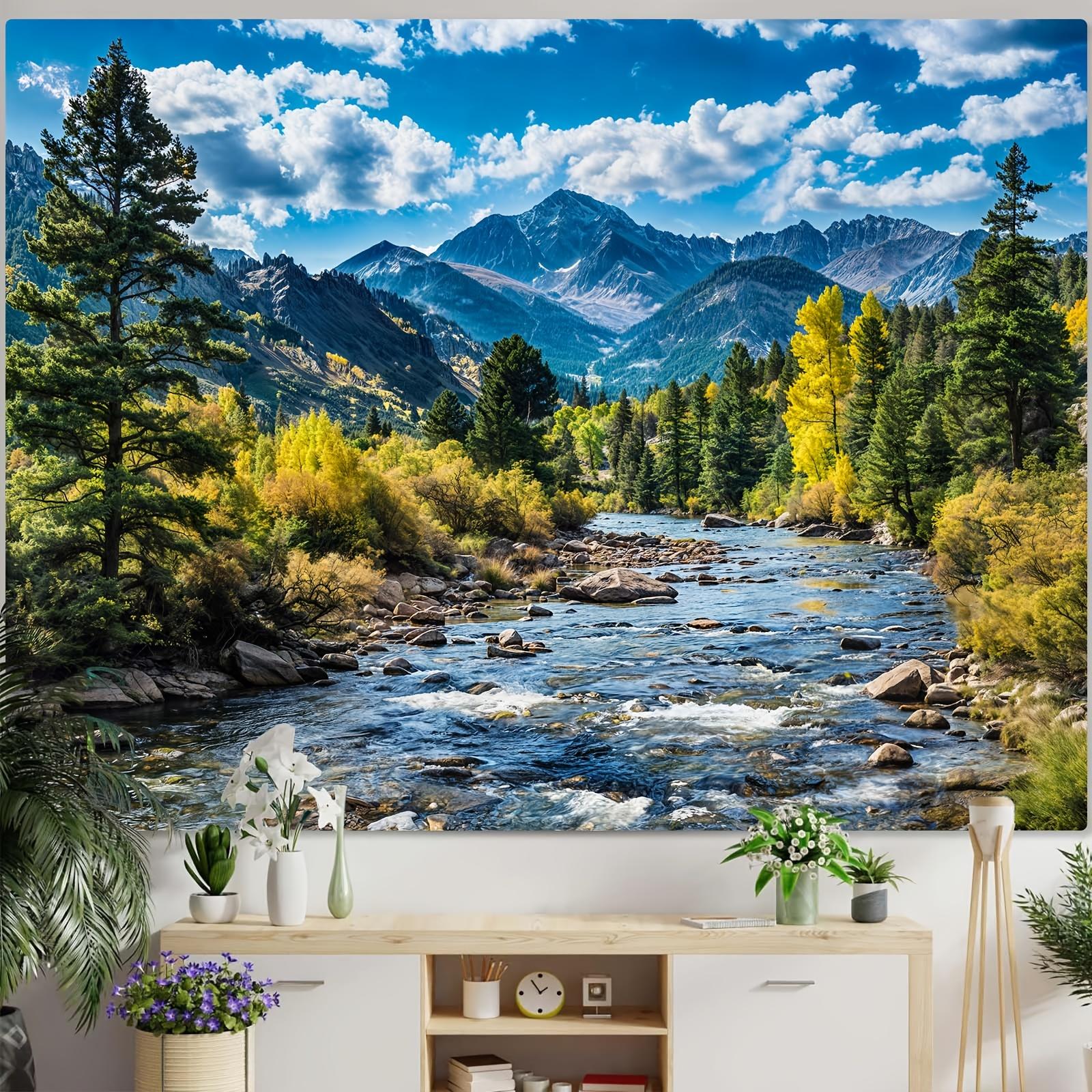 Nature Forest Mountain Tapestry Wall Hanging, Green Pine Tree Scenic Landscape with White Clouds Flowing River, Aesthetic Room Decor for Bedroom Living Room Dorm Office