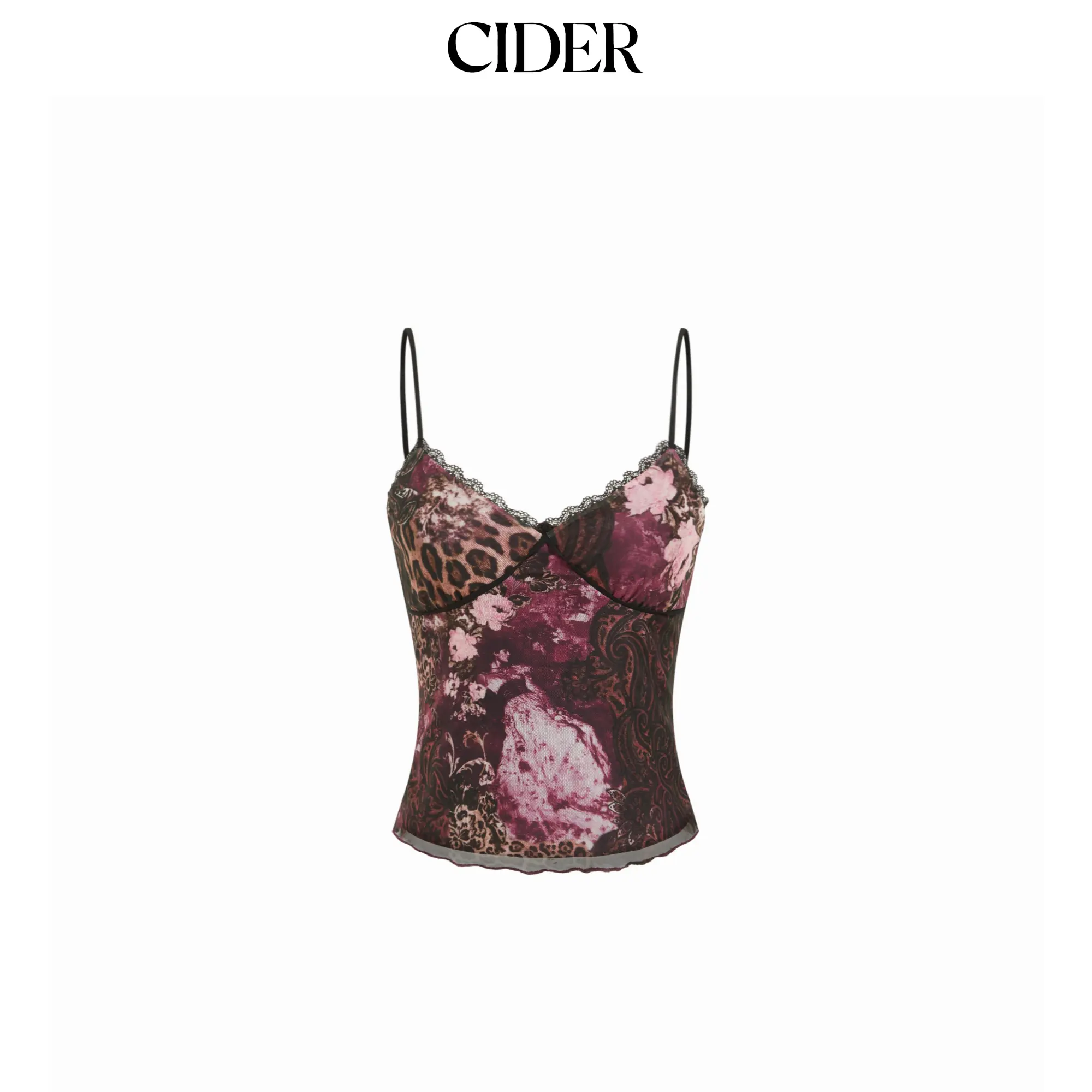 Cider Mesh Leopard & Floral Graphic V-Neck Lace Trim Cami Top SummerWins SummerFinds