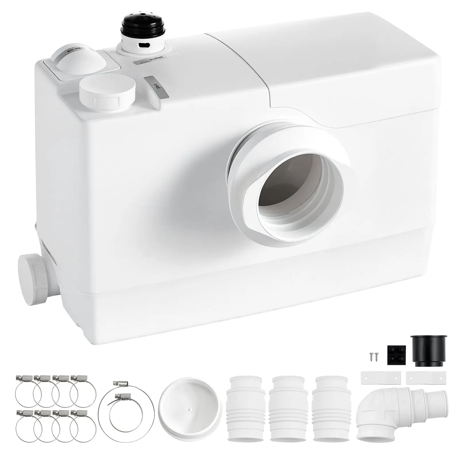 VEVOR Macerator Pump 800W 12000L/h Flow 32.8 ft/10 m Head Sewage Pump, Waste Water Disposal Upflush Machine with 4 Inlets, Macerating Toilet Sewerage, for Basement, Toilet, Sink, Laundry, Kitchen